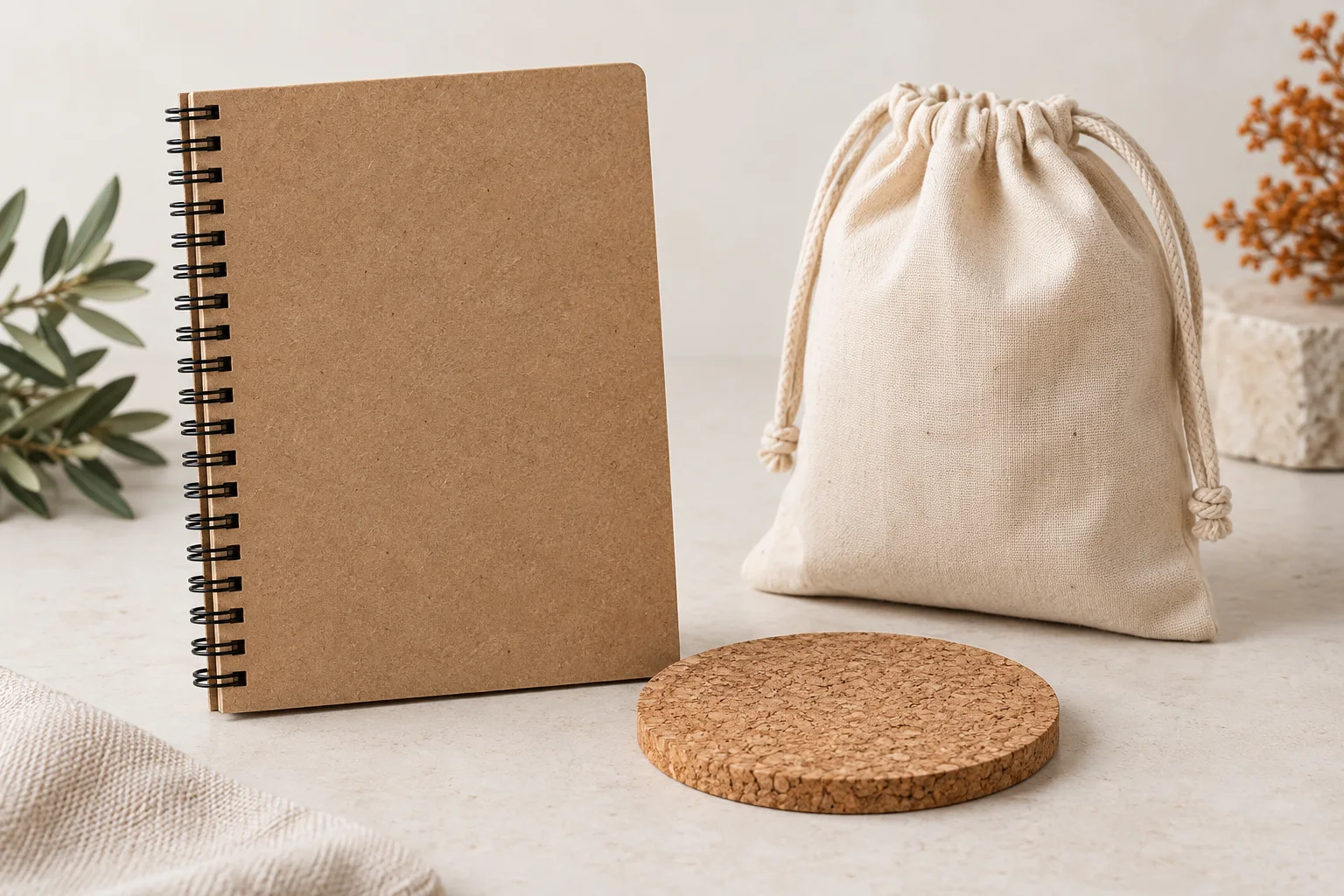 Kraft defter, mantar bardak altlığı ve pamuk keseden oluşan temsili malzeme seçkisi